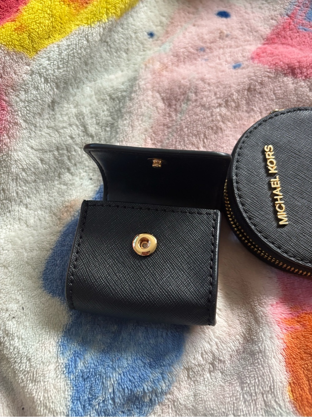 Michael Kors Black Leather Coin Pouch and Key AirPod Case with Gold Hardware - Picture 2 of 6